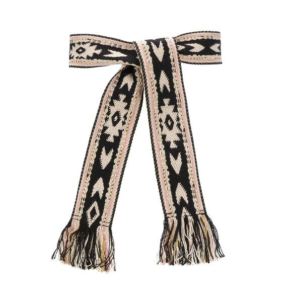 Isabel Marant Etko Embroidered Woven Tie Belt Fringed Edges Black Pink - Picture 1 of 7